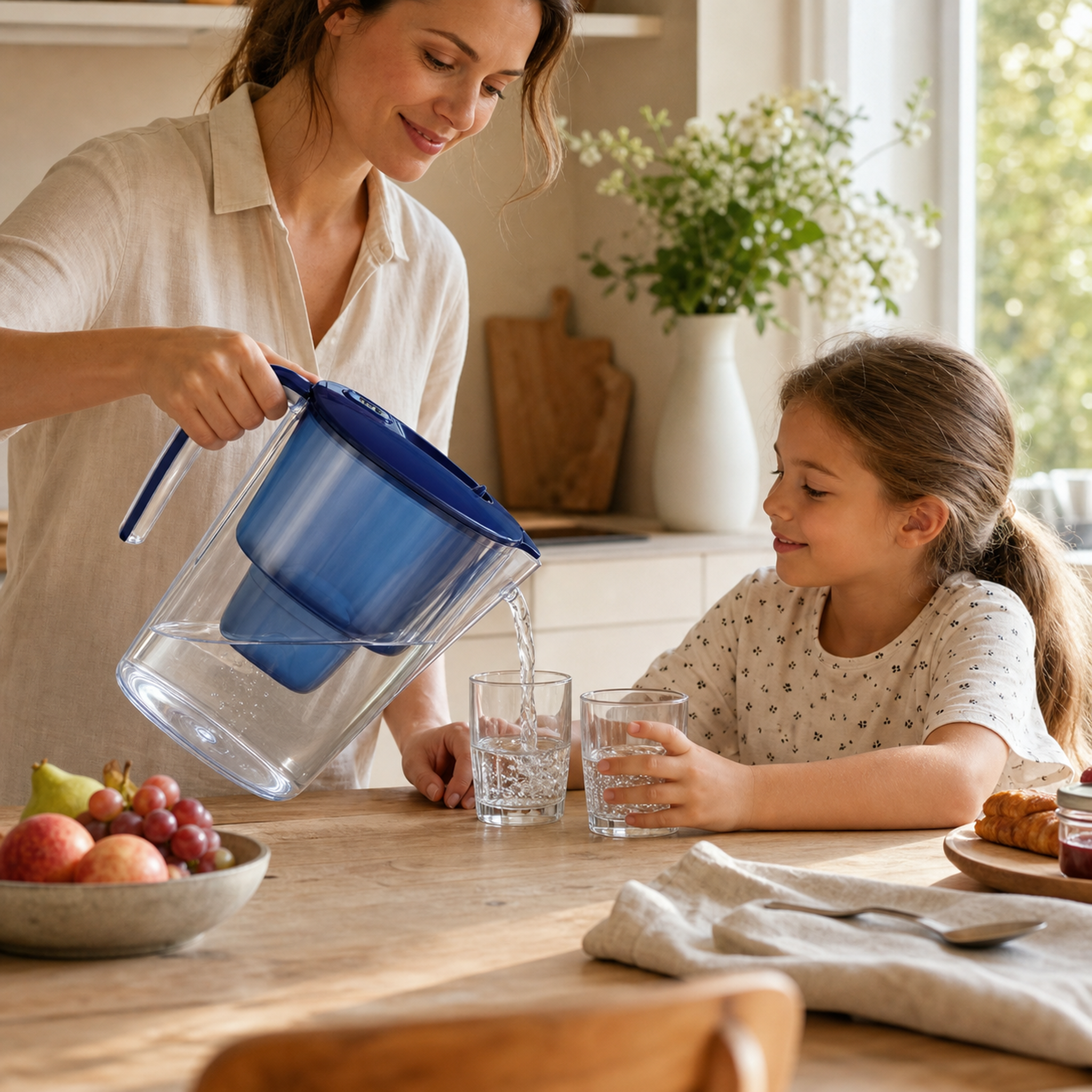 Carafe filtrante bleue sur un plan de travail de cuisine