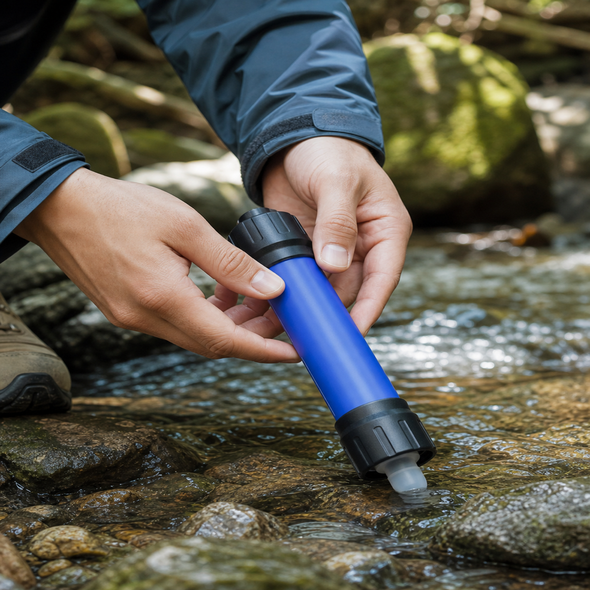Purificateur d'eau de camping 0,01 micron en situation d’utilisation