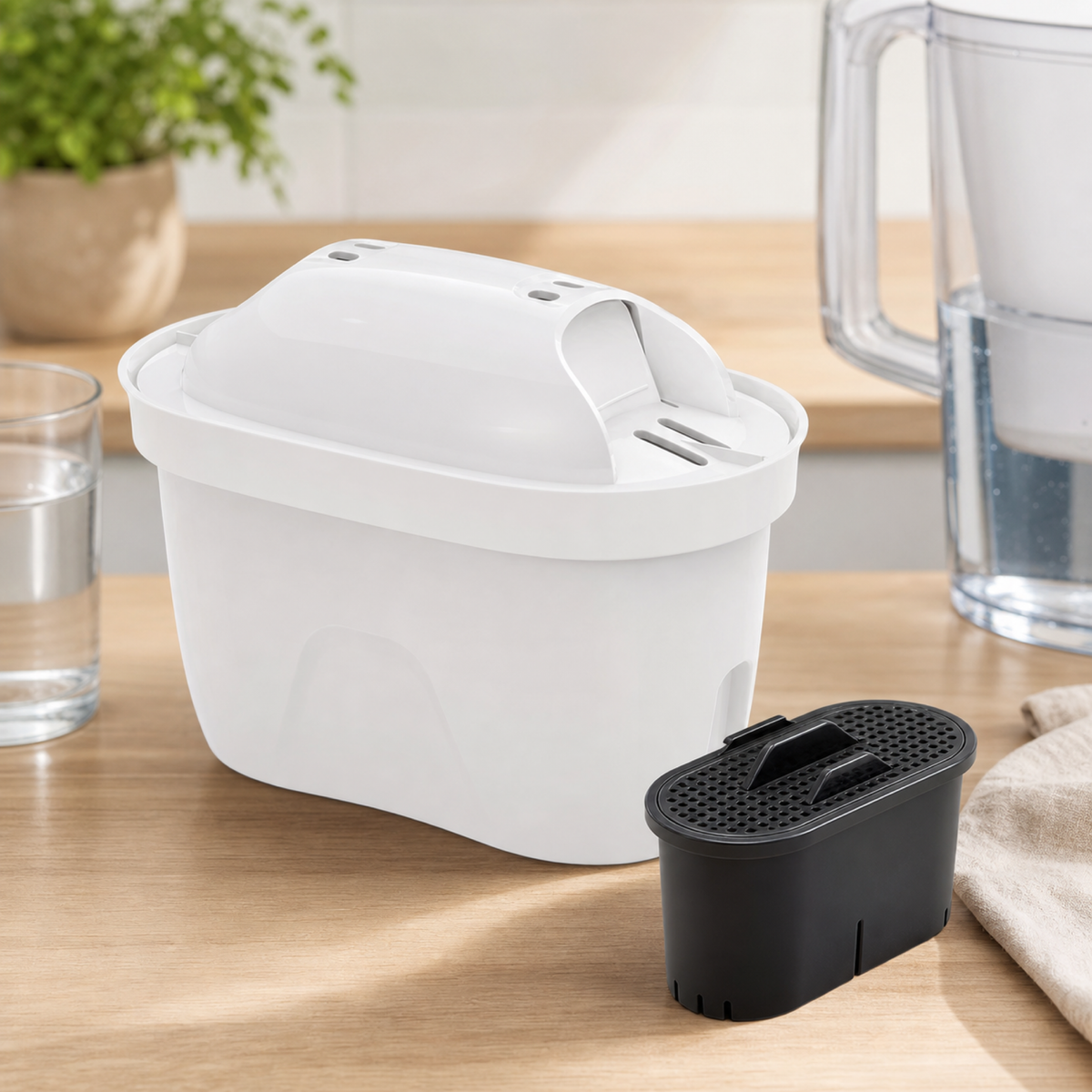 Carafe filtrante au charbon actif en situation d'utilisation