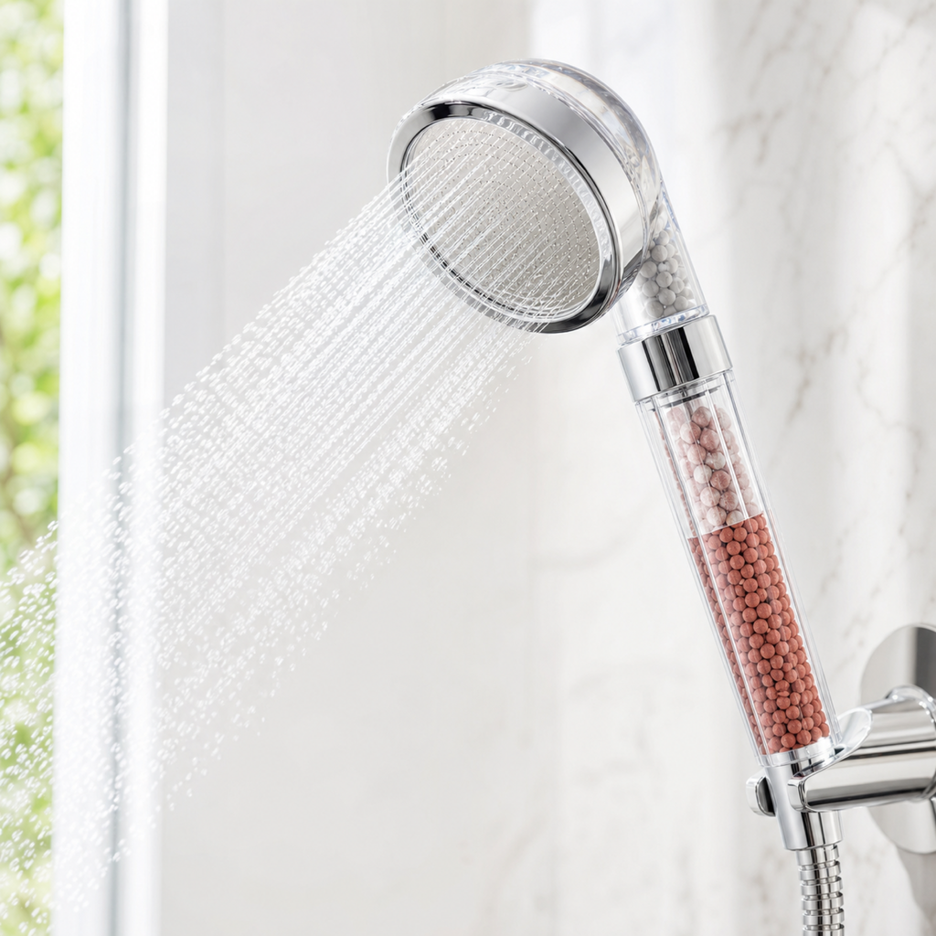 Pommeau de douche filtrant parfumé en situation d’utilisation