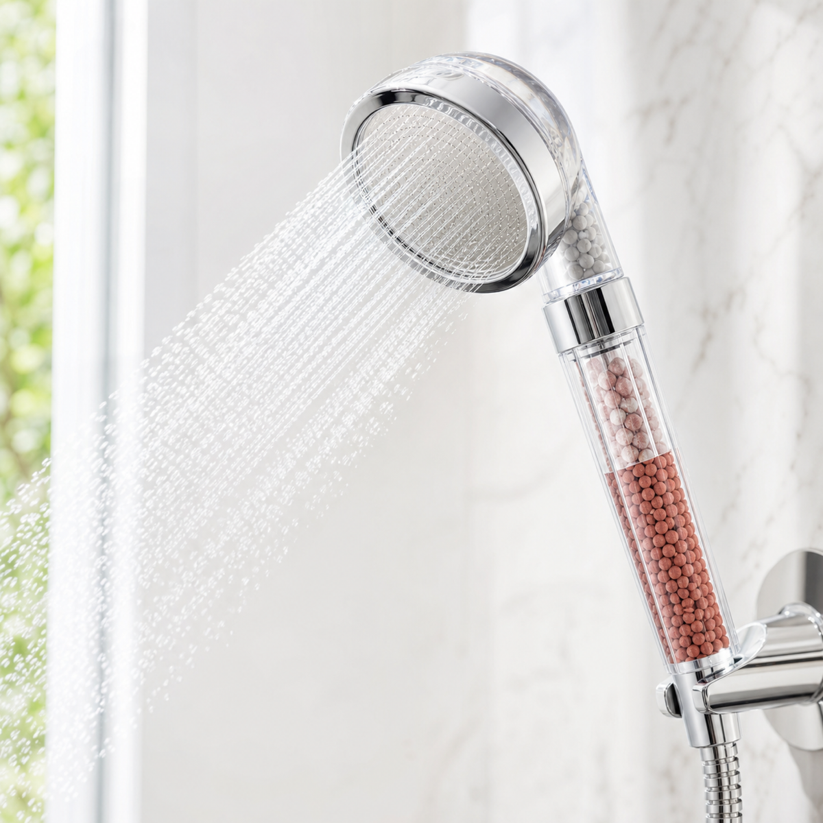Pommeau de douche filtrant parfumé en situation d’utilisation