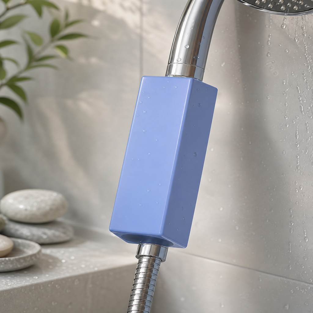 Filtre de douche parfumé anti-calcaire en situation d’utilisation