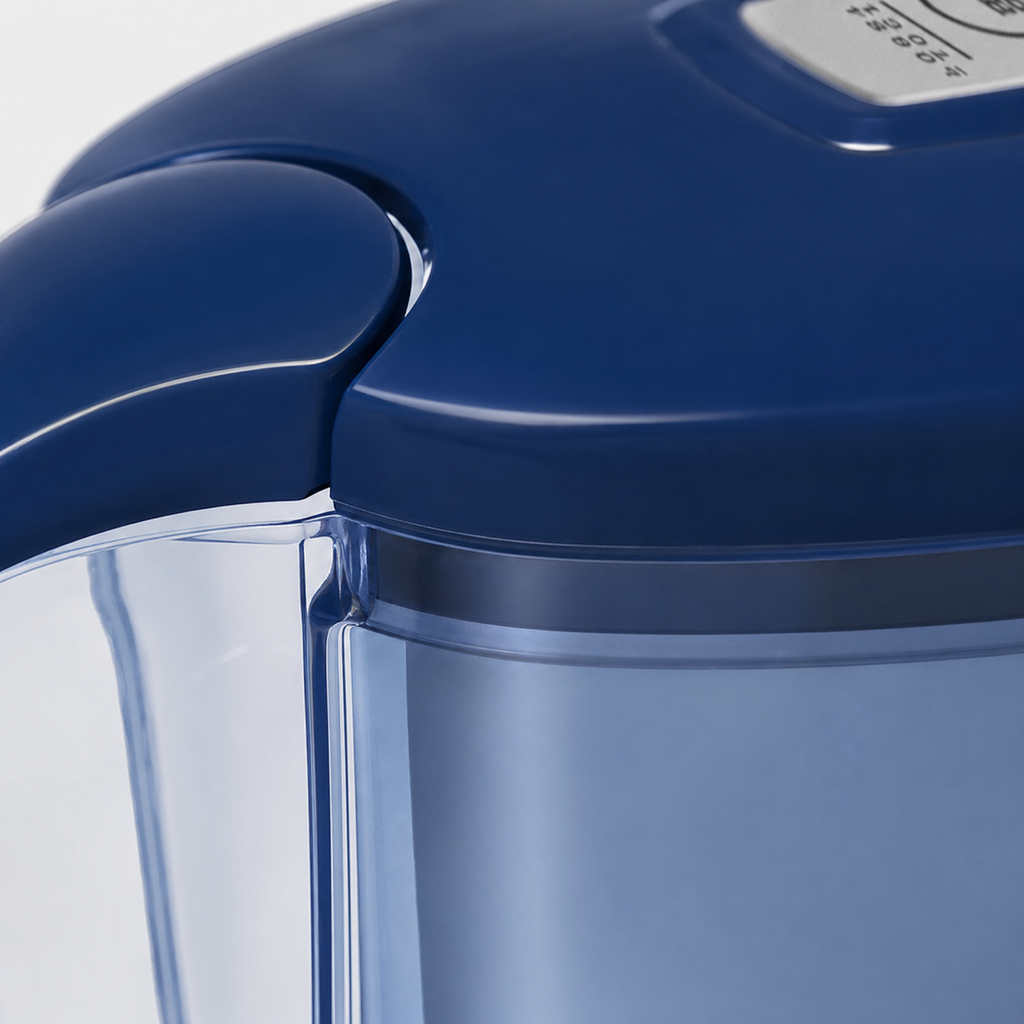Carafe filtrante au charbon actif — détail de finition et matériau