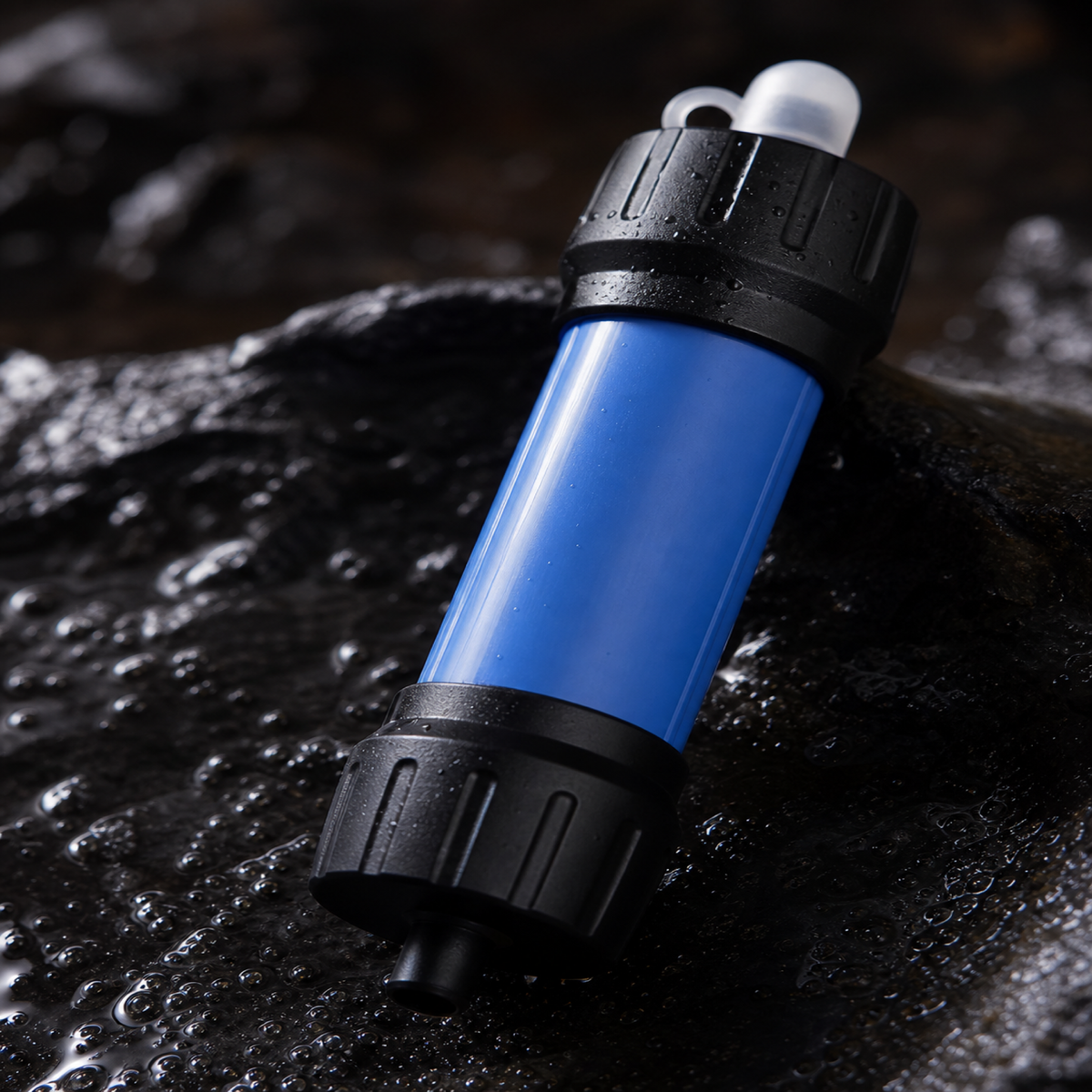 Purificateur d'eau de camping 0,01 micron — détail de finition et matériau
