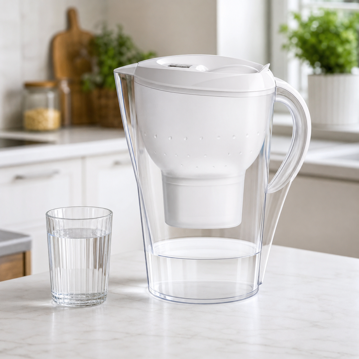 Carafe filtrante domestique Bonum Vitae installée à la maison