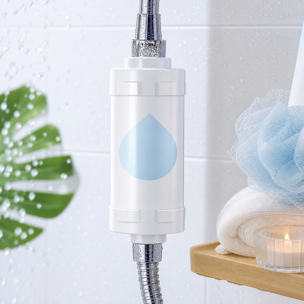 Filtre de douche parfumé anti-calcaire Bonum Vitae installé à la maison