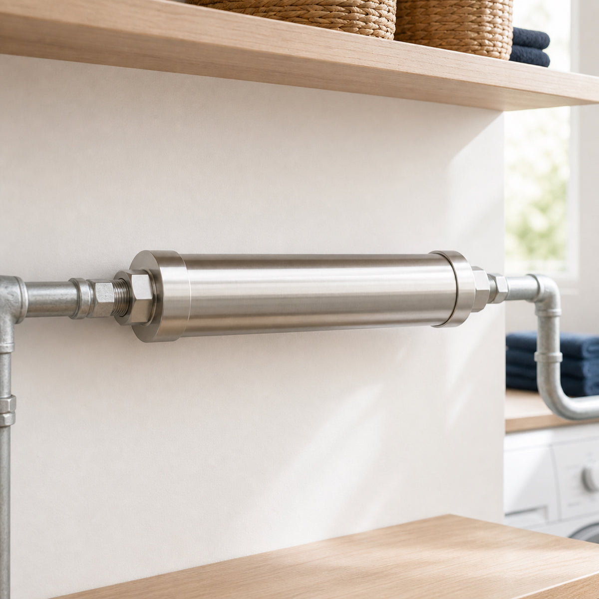 Anti-tartre galvanique en inox installé sur une canalisation dans une buanderie claire