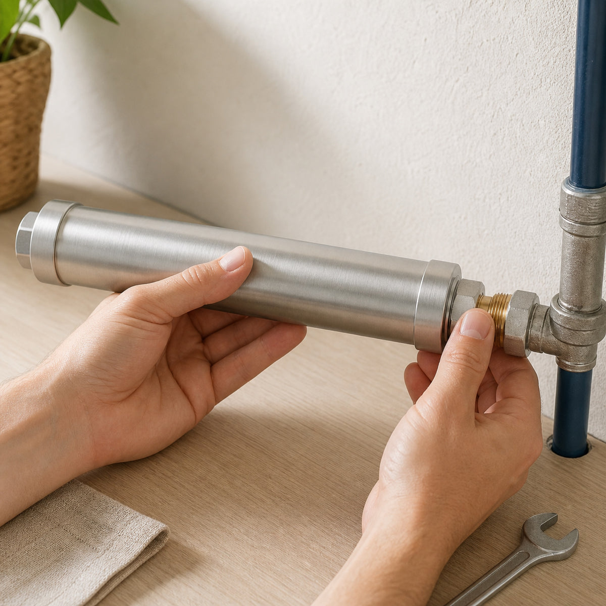 Mains installant un anti-tartre galvanique en inox sur un raccord de canalisation