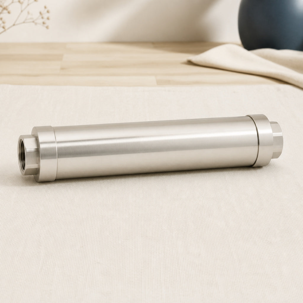 Vue de profil en hauteur de l'anti-tartre galvanique en inox avec raccord femelle