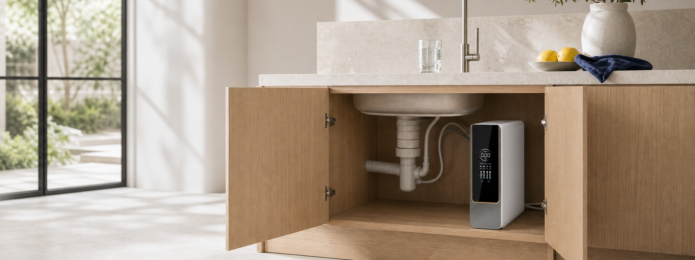 Osmoseur sans réservoir installé sous un évier dans une cuisine lumineuse