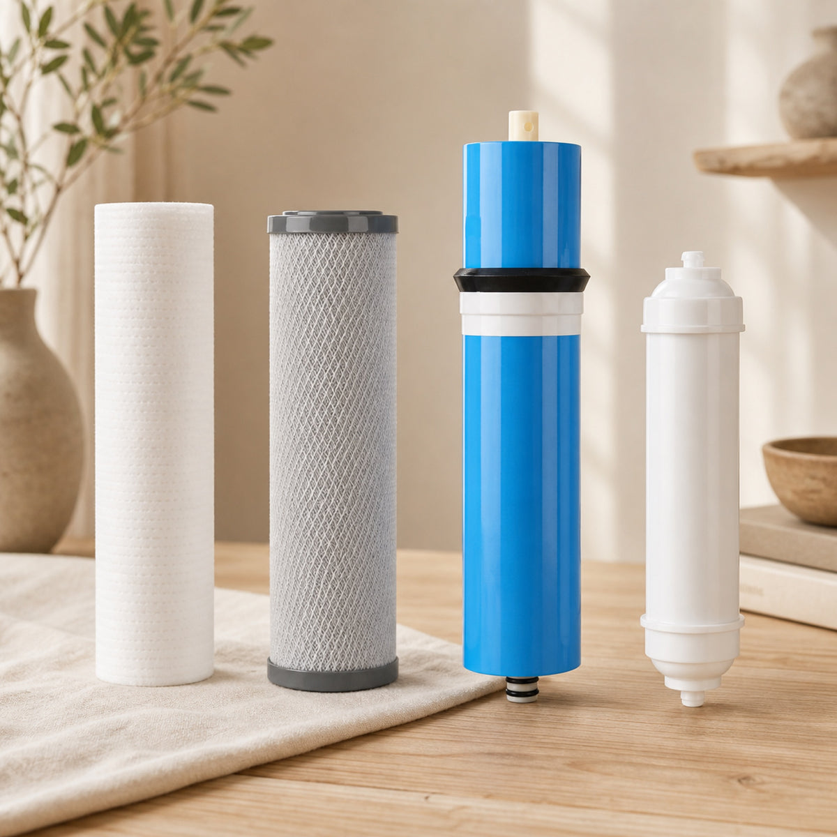 Quatre filtres d'entretien pour osmoseur, dont une membrane bleue, sur un fond clair