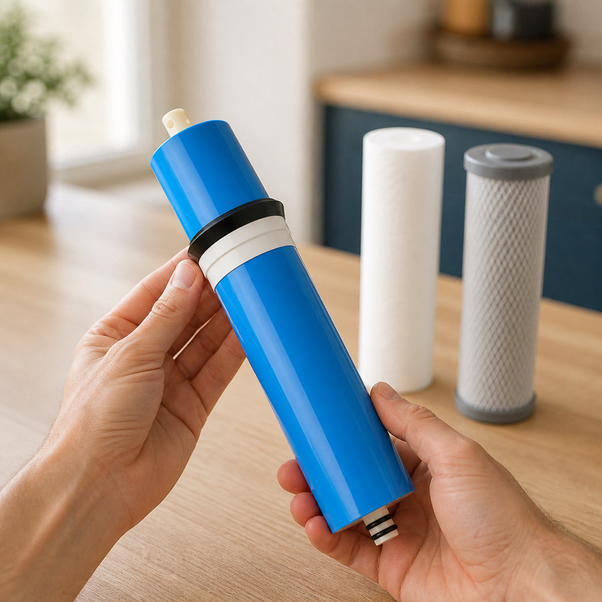 Mains tenant une membrane bleue de remplacement au-dessus d'un plan de travail