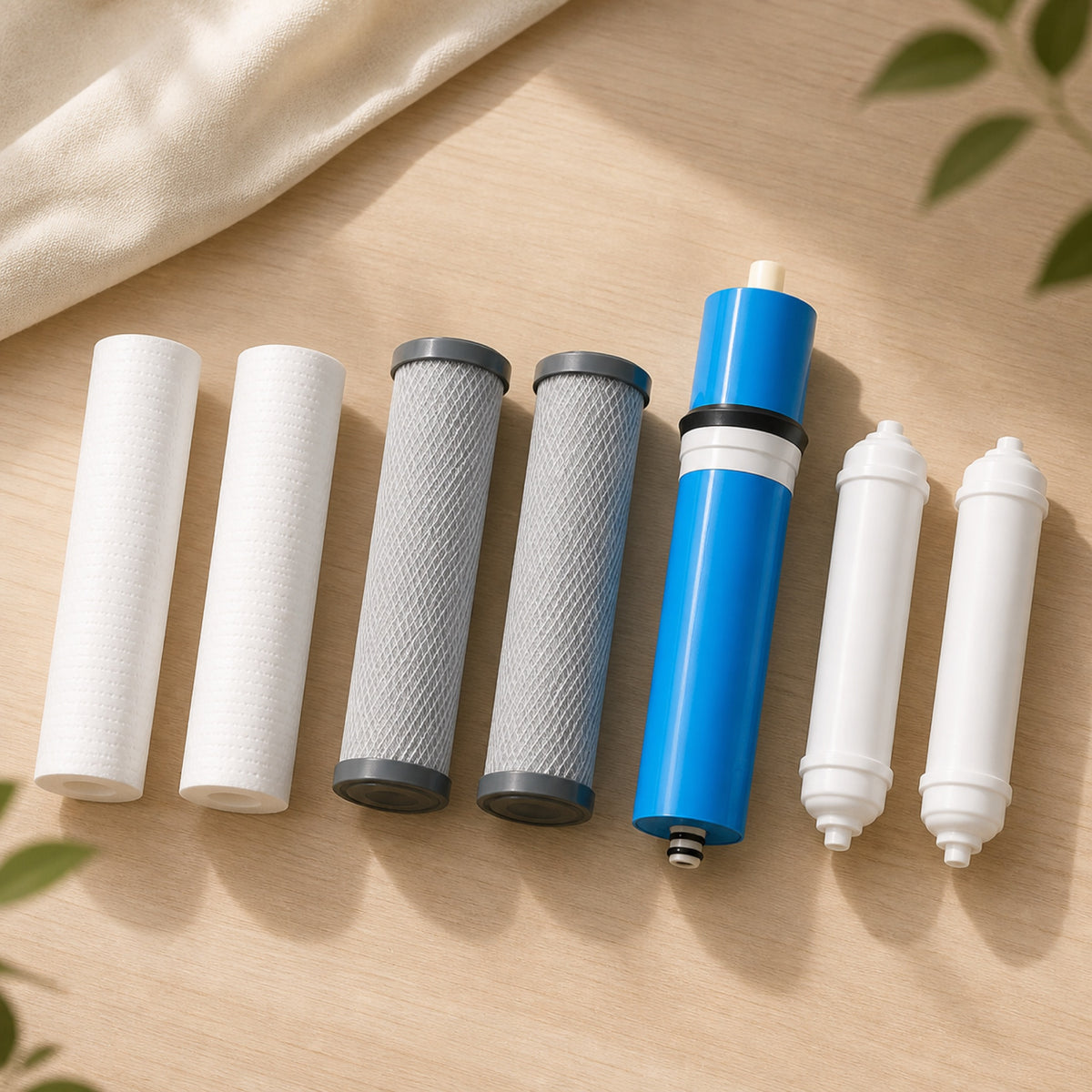 Sept pièces du kit d'entretien alignées : deux préfiltres blancs, deux filtres gris, une membrane bleue et deux cartouches blanches